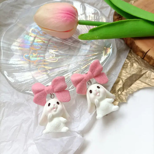Easter Bunny Bow Pink Flocking Cute Sweet Earrings