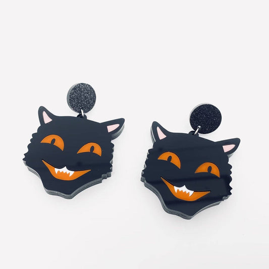 Horror Black Cat Acrylic Pendant Post Earrings