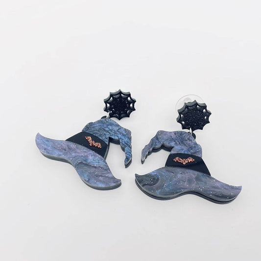 Halloween Bat Witch Hat Spider Web Post Earrings