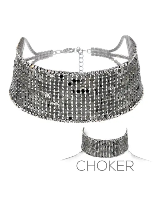 Metal Mesh Rhinestone Choker