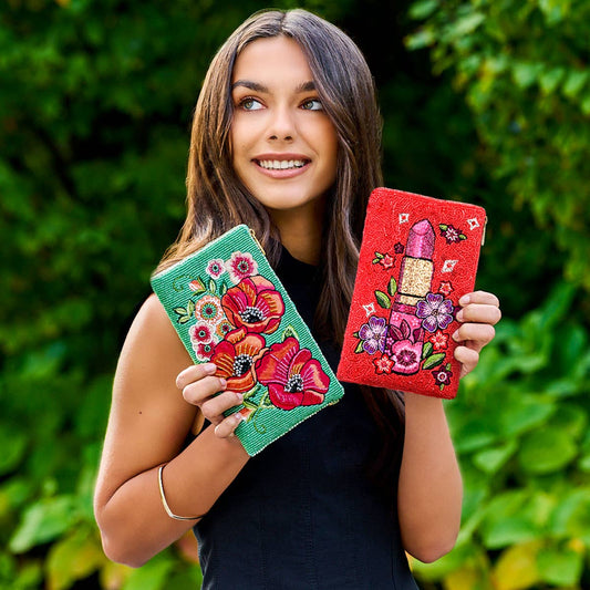 Poppy Field Beaded Crossbody Phone Bag