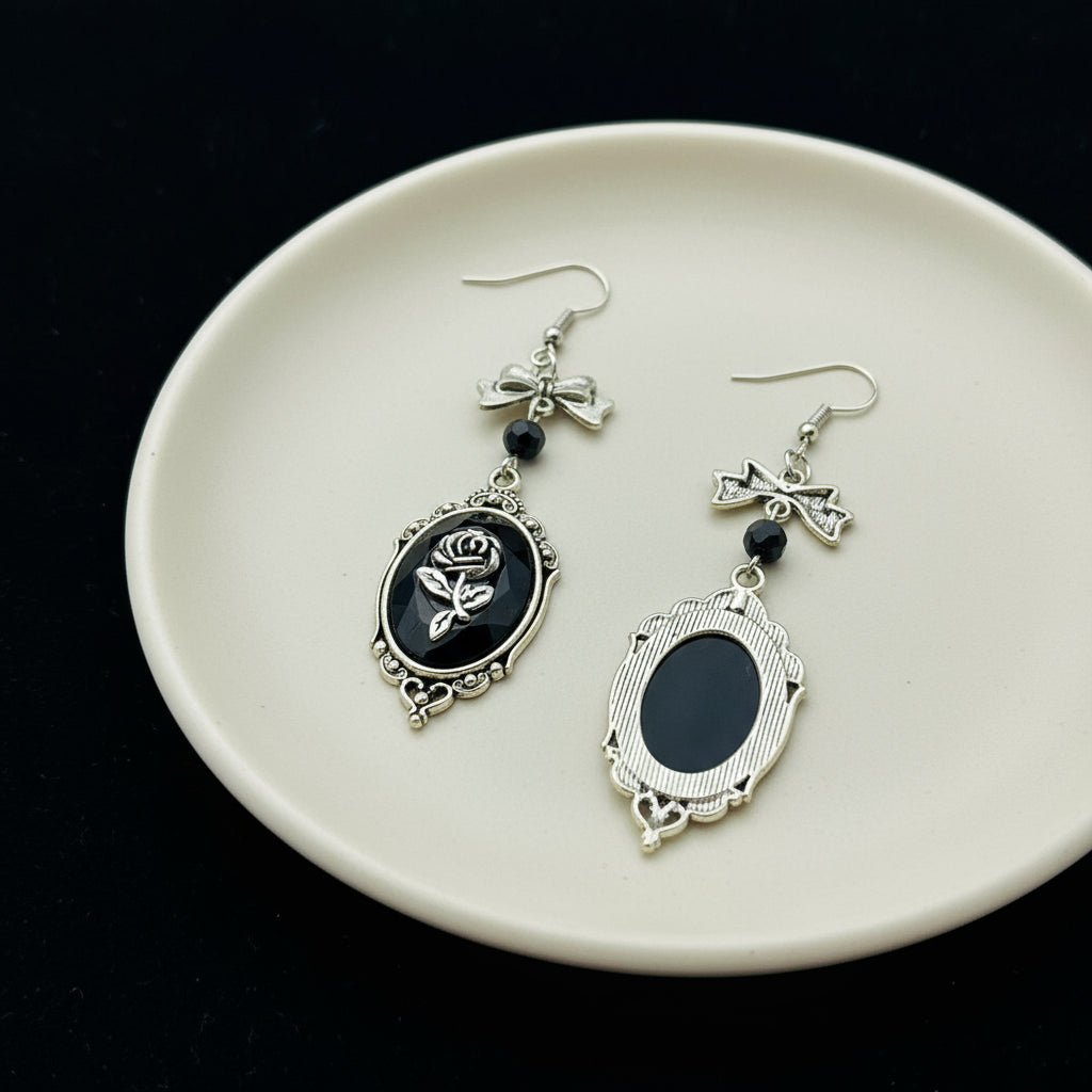 Gothic Style Rose & Bow Dangle Earrings