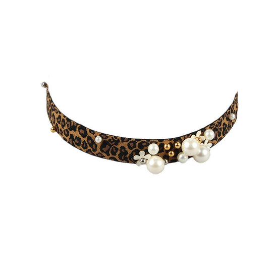 Cheetah Print Beaded Headband with Pearl Accents