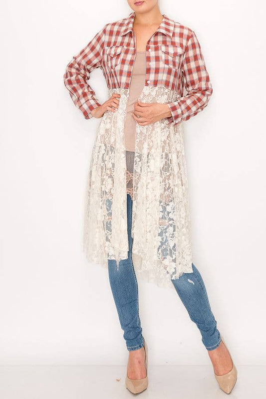 Cherry Plaid Lace Layered Women's Jacket