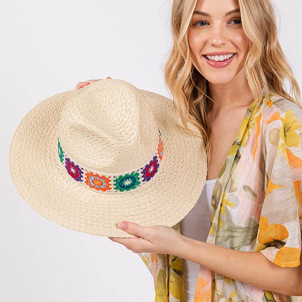 Floral Crochet Band Straw Hat