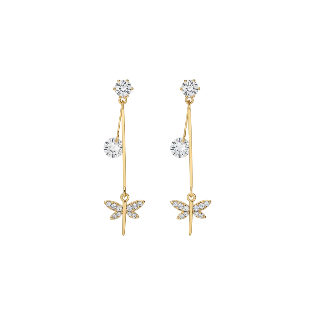 Golden Dragonfly CZ Drop Earrings