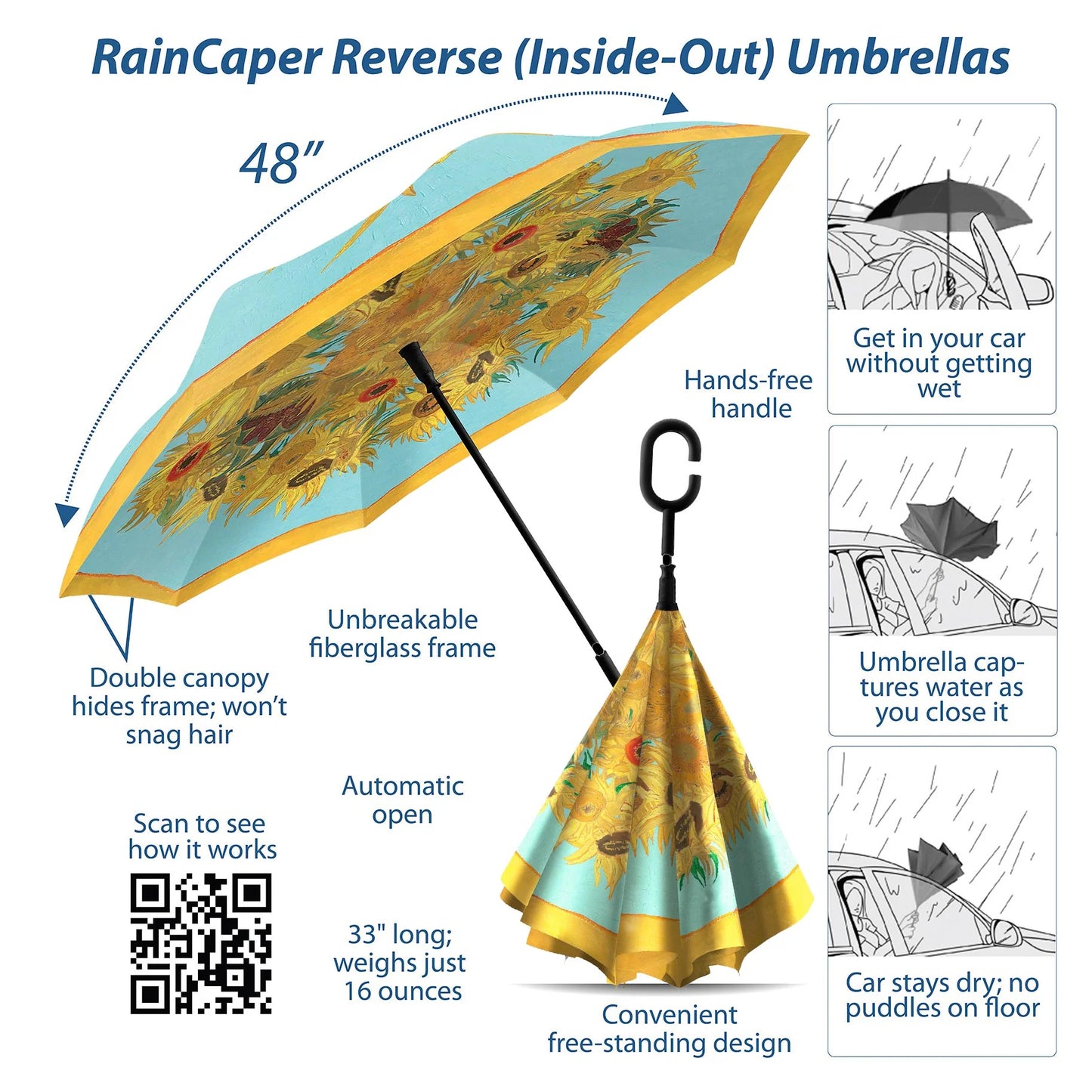 van Gogh Sunflowers Umbrella- Reverse Open