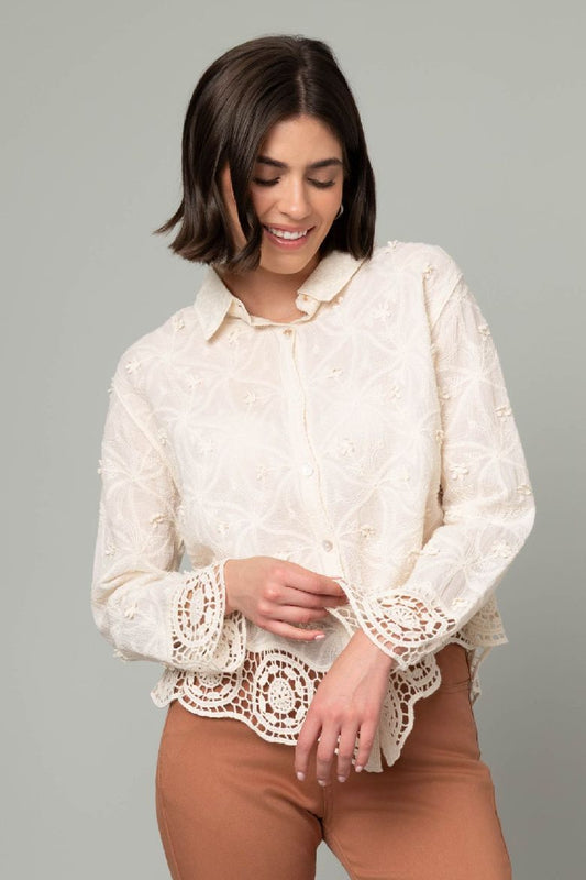 Embroidered Button Front Crochet Trim Top