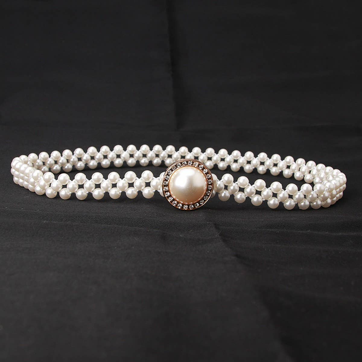 Pearl Woven Elastic Belt w/ Rhinestone Alloy Buckles