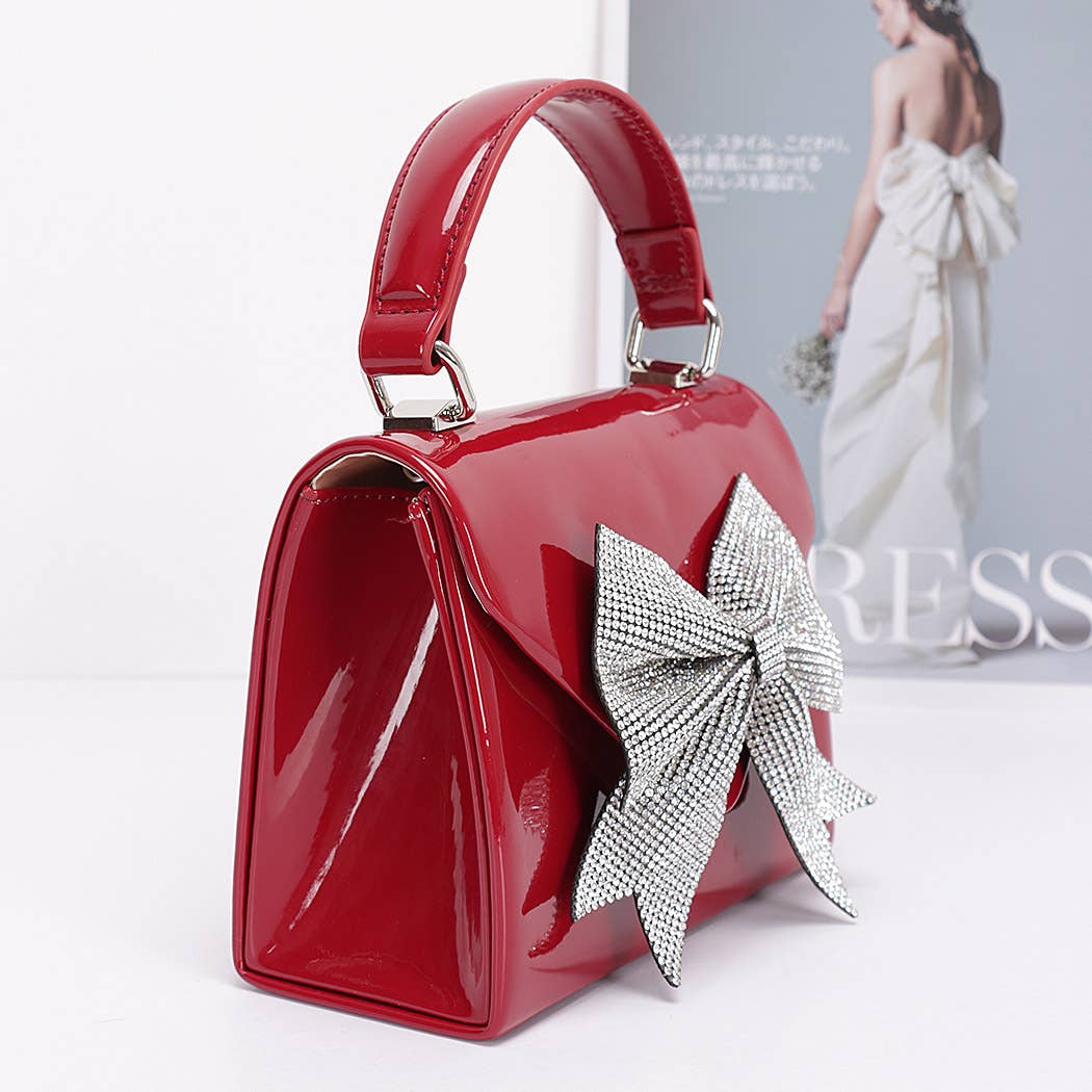 Enamel Rhinestone Ribbon Top Handle Clutch