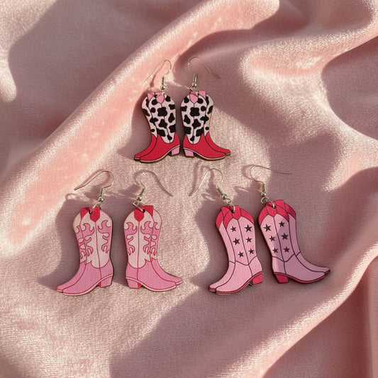 Western Style Pink Wooden Boots Dangle Earrings