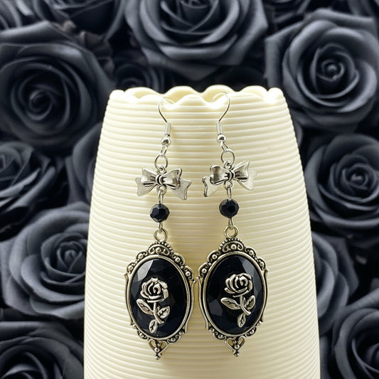 Gothic Style Rose & Bow Dangle Earrings