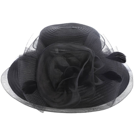 Floral Mesh Ribbon w/ Feathers Derby Braid Hat