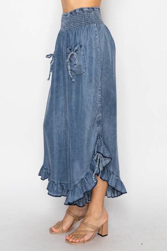 Smocked Ruffle Hem Side Tie Chambray Pants
