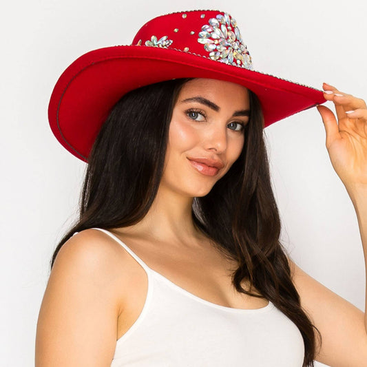 Sombrero Style Cowboy Hat with Crystal and Pearl Accents