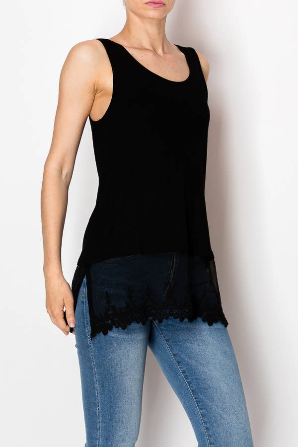 Soft Relaxed Tank With Delicate Floral Laced Hem