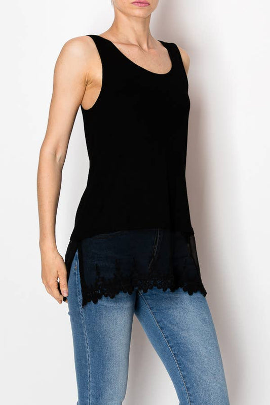 Soft Relaxed Tank With Delicate Floral Laced Hem