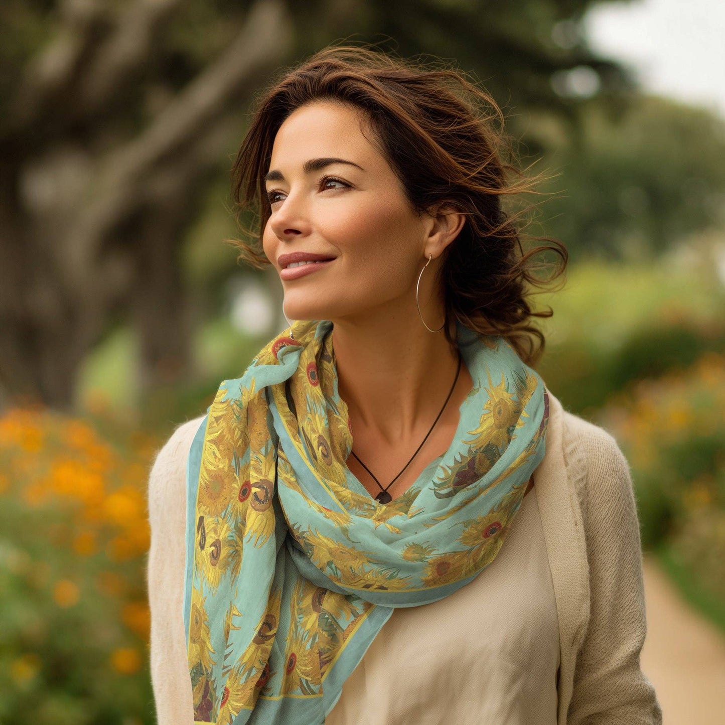 Van Gogh Sunflowers Silk Blend Shawl – Lightweight Dressy Wrap