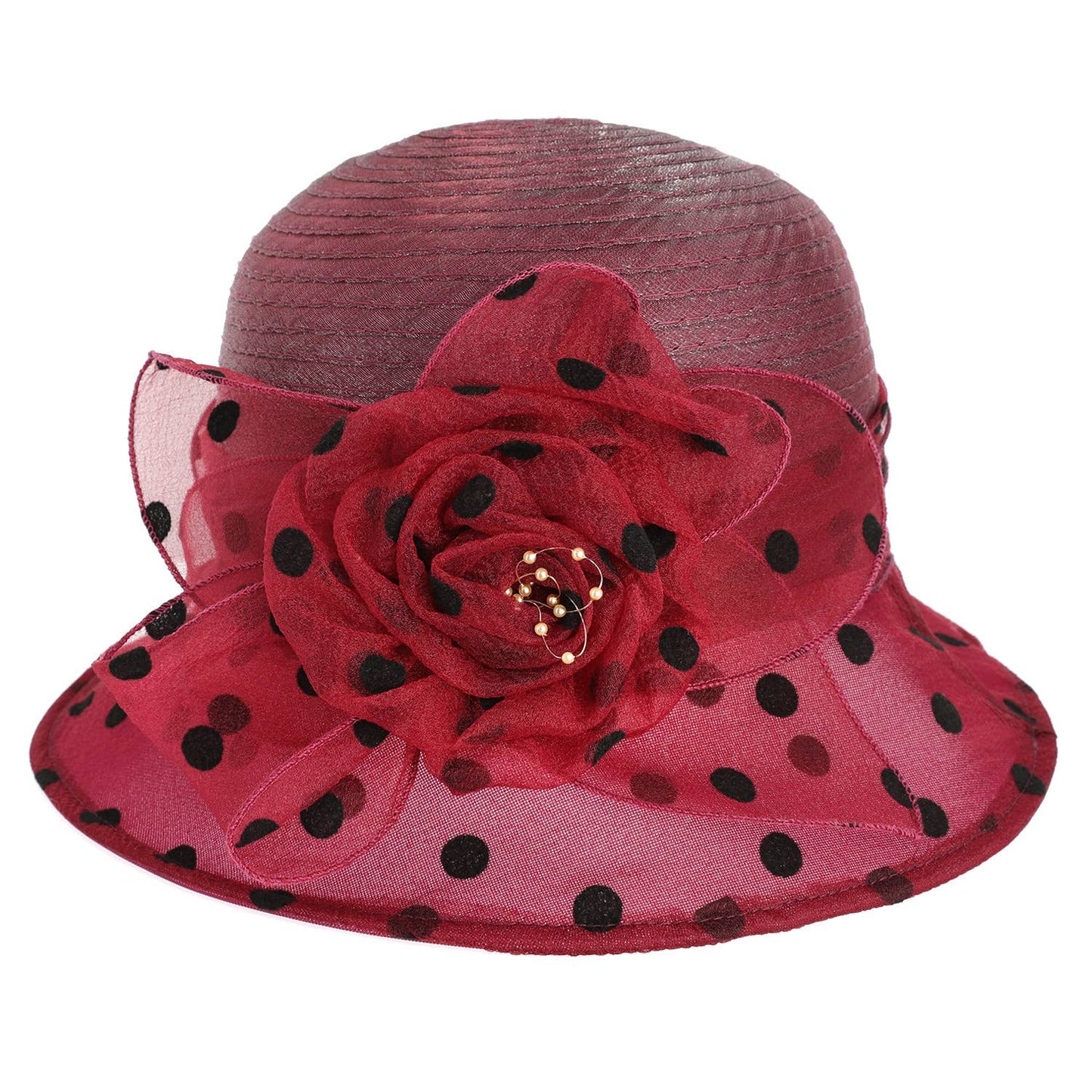 Floral Bow Polka Dotted Organza Cloche Hat