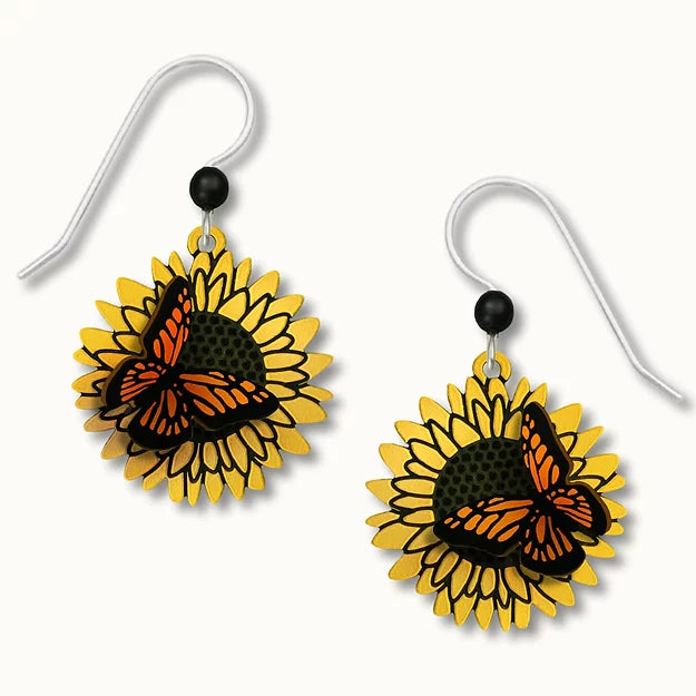 3-D Monarch Butterfly on Sunflower Earrings