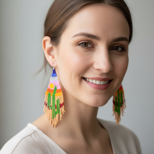Sunset Cactus Beaded Tassel Earrings