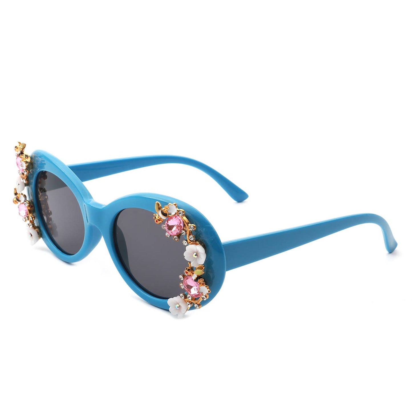 Women Oval Round Floral Design Fashion Sunglasses