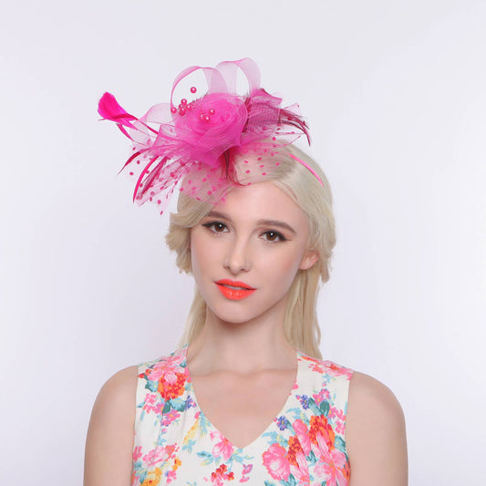 Organza Ribbon Flower Fascinator w/ Feathers & Dotted Mesh