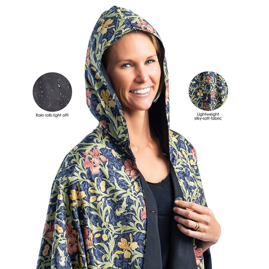 William Morris Golden Flowers & Black Womens Rain Cape - Rainproof Breathable Rain Poncho
