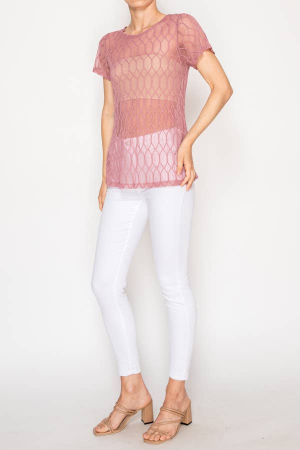 Sheer Lattice Mesh Short Sleeve Blouse