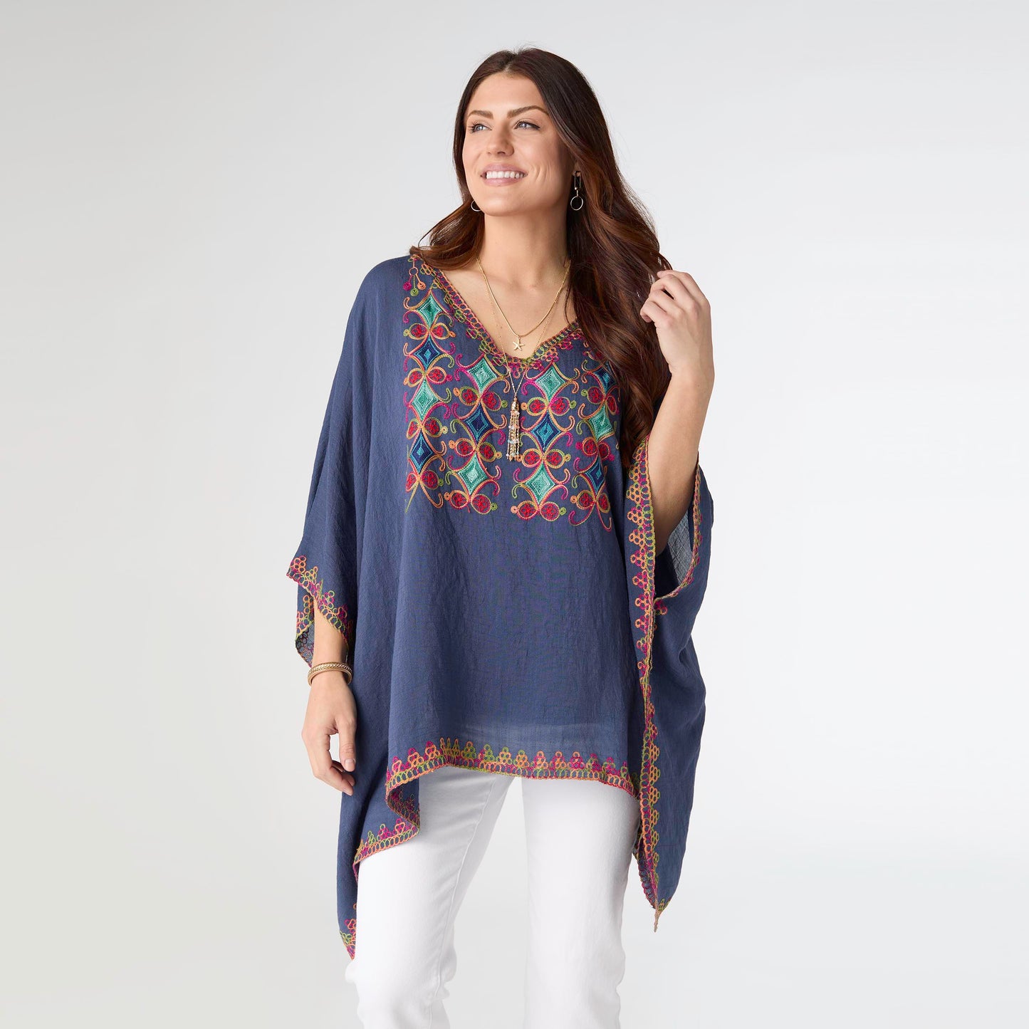 Sariah V-Neck Poncho with Embroidery