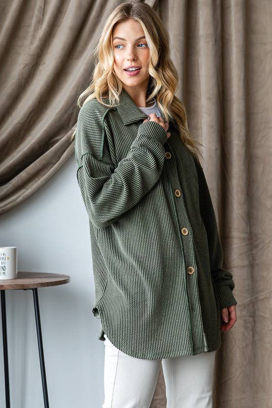 Urban Ribbed Button-Down Shacket with Collar