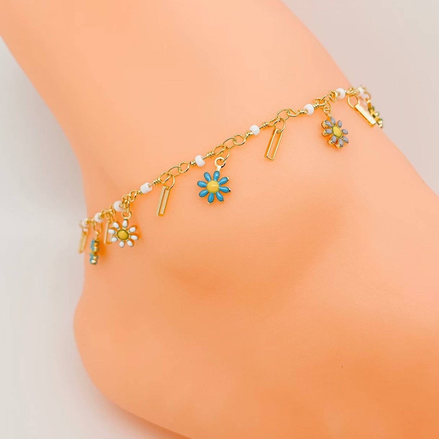 Bohemian Enamel Daisy Pendant Chain Anklet