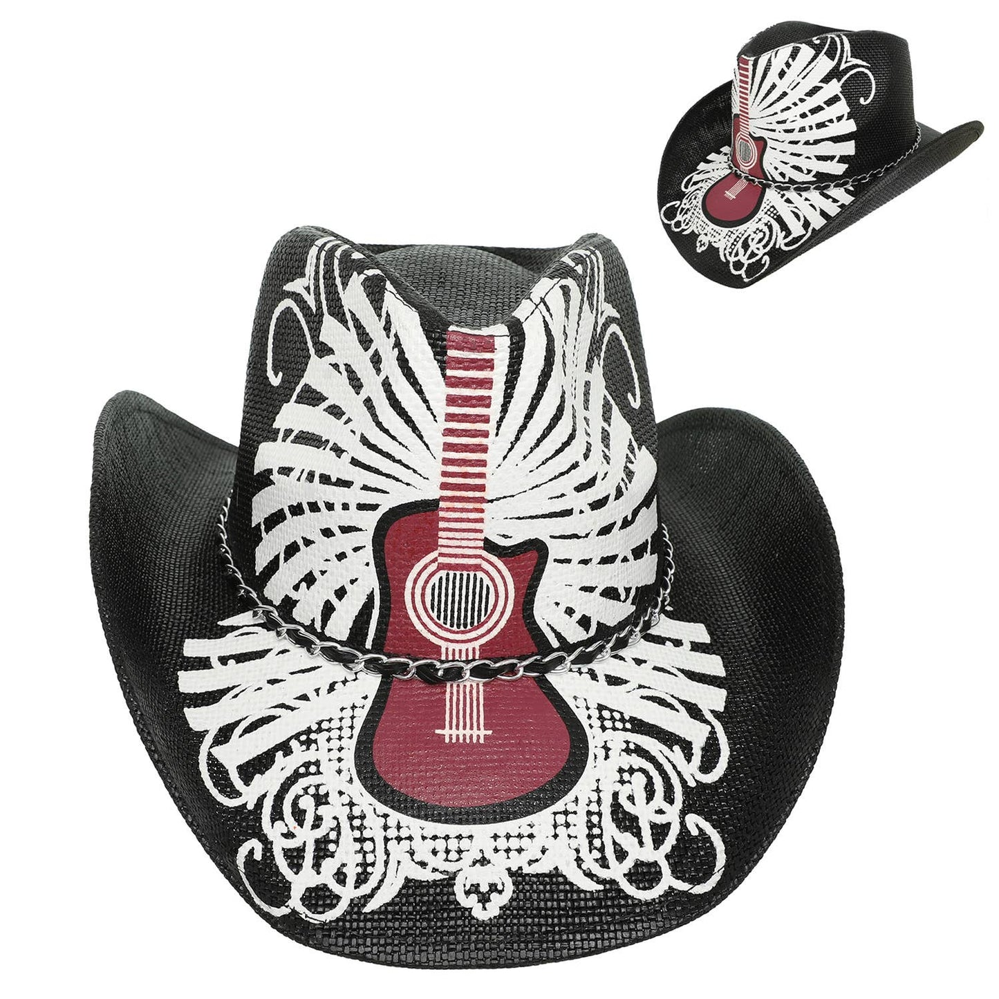 Western Guitar Skull Straw Woven Cowboy Hat