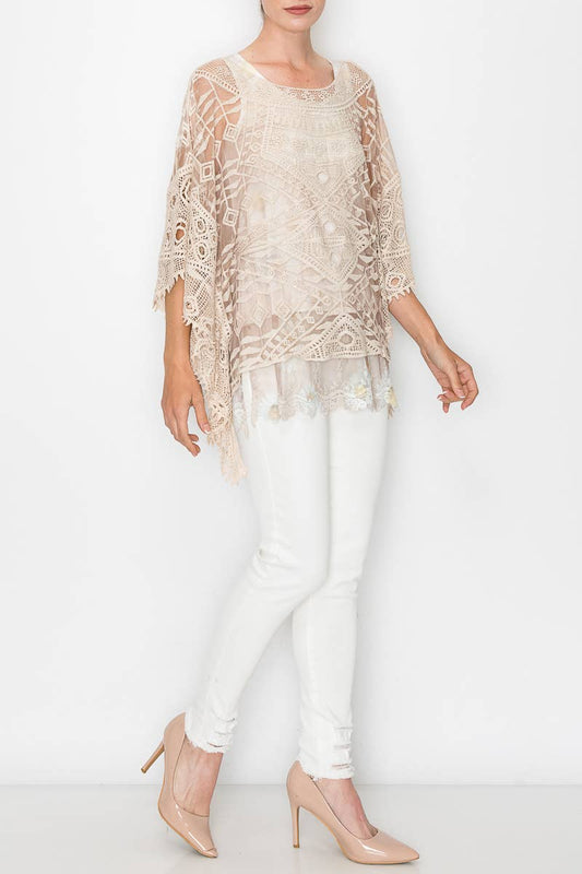 Ornate Crochet Poncho Top With Geometric Embroidered Details