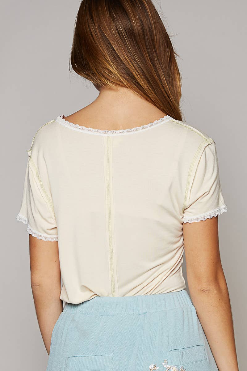 V-neck Lace Trim Short Sleeve Stitch Detail Top