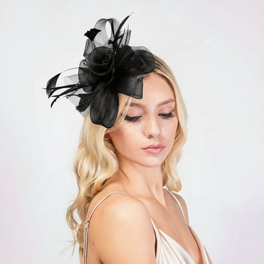 Feather & Double Floral Mesh Fascinator Headband/Clip