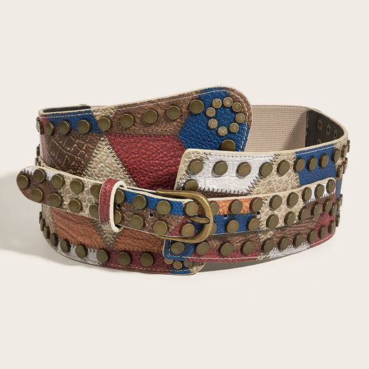 Bronze Nail Metal Buckle Elastic Gridle Belt
