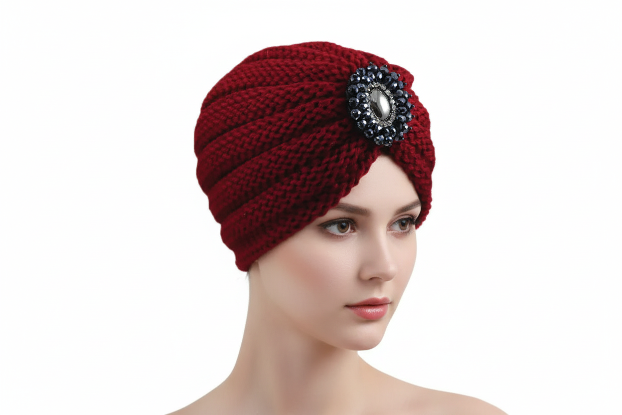 Knit Turban Hat with Stone Accent