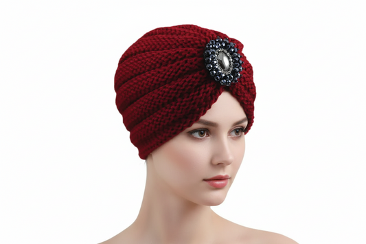 Knit Turban Hat with Stone Accent