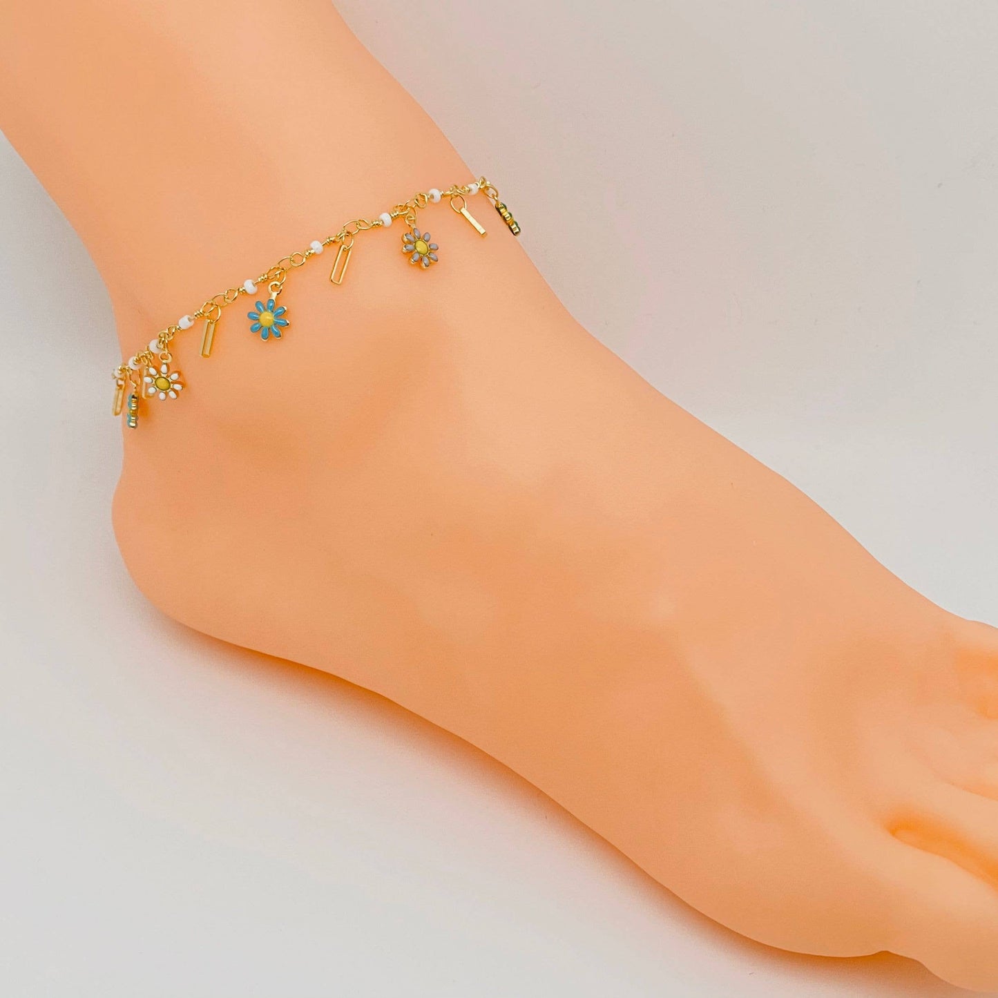 Bohemian Enamel Daisy Pendant Chain Anklet