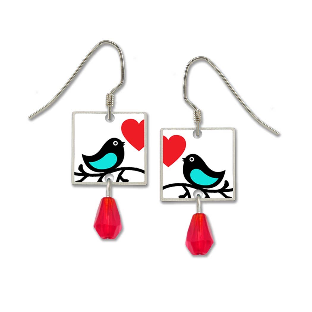 Blue Love Bird w/ Red Heart Earrings