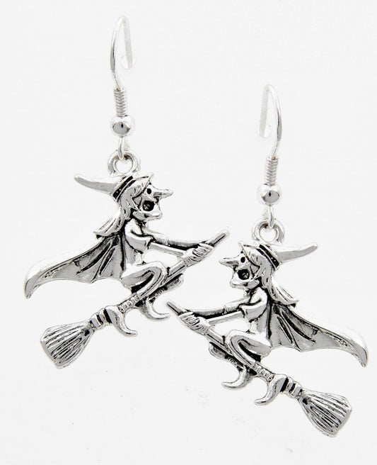 Silver Witch Riding Broom Earrings