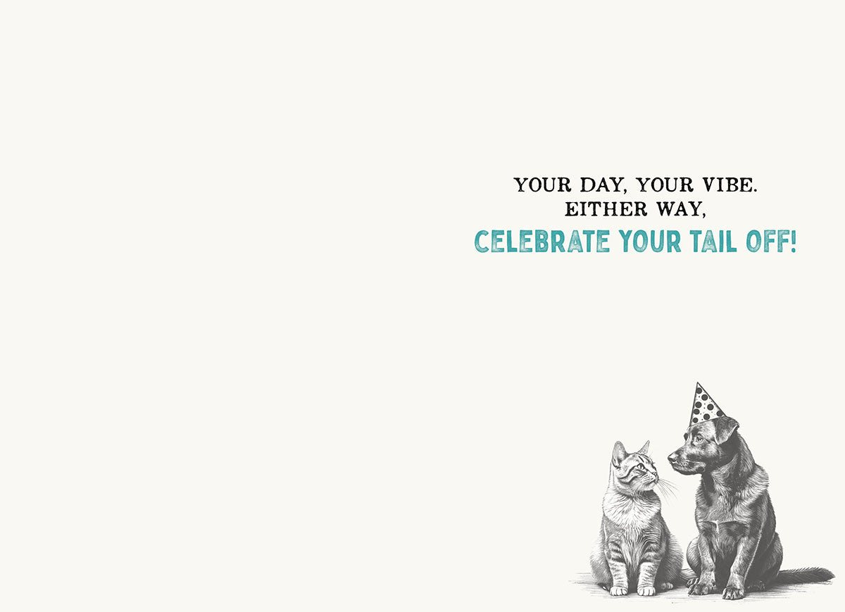 Cat Beside Dog Wearing Party Hat Birthday Card