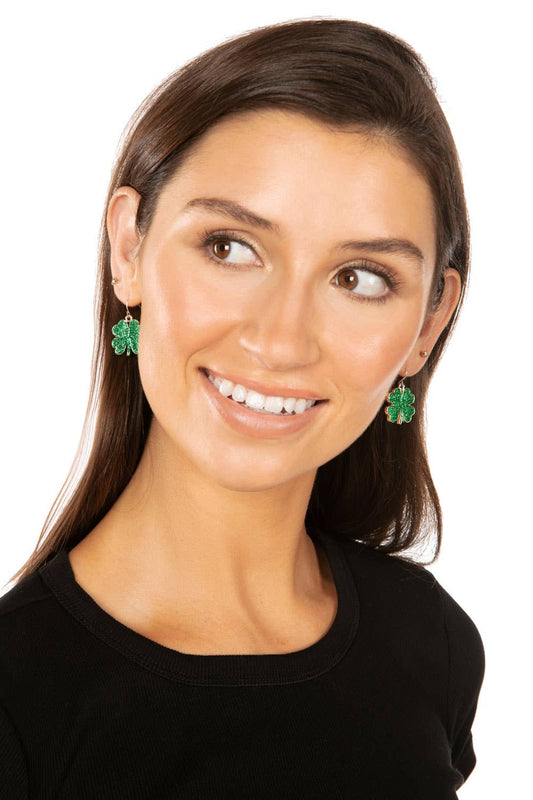 St. Patrick's Day Four Leaf Clover Glitter Earrings