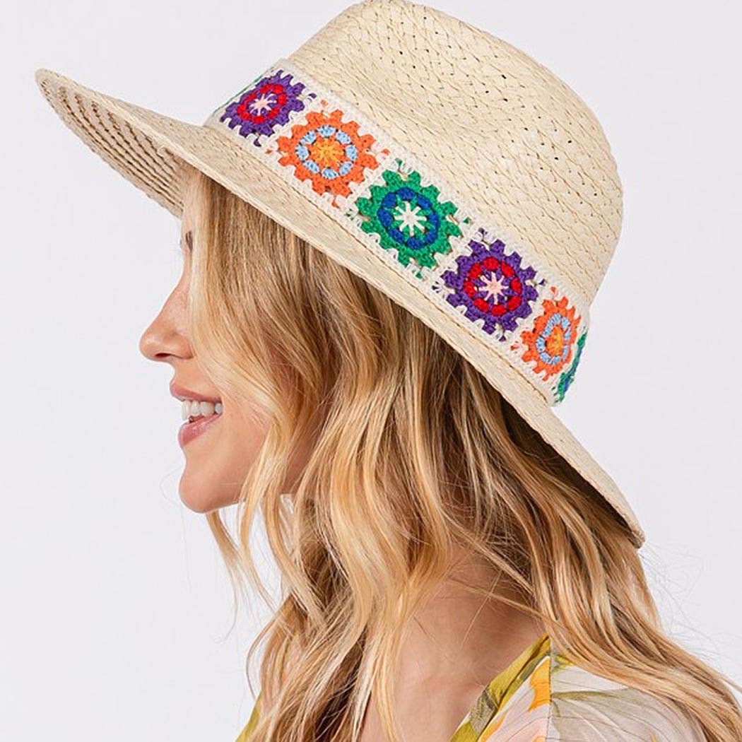 Floral Crochet Band Straw Hat