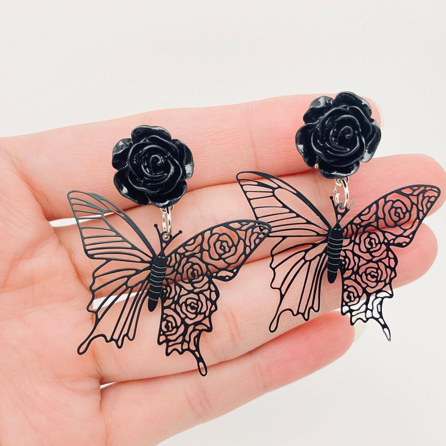 Gothic Black Rose Hollow Butterfly Clip Earrings