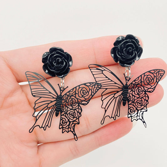 Gothic Black Rose Hollow Butterfly Clip Earrings