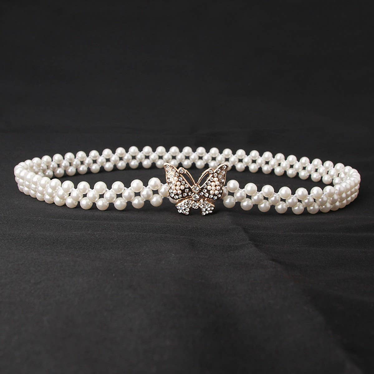 Pearl Woven Elastic Belt w/ Rhinestone Alloy Buckles