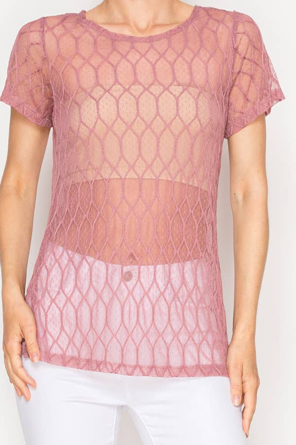 Sheer Lattice Mesh Short Sleeve Blouse