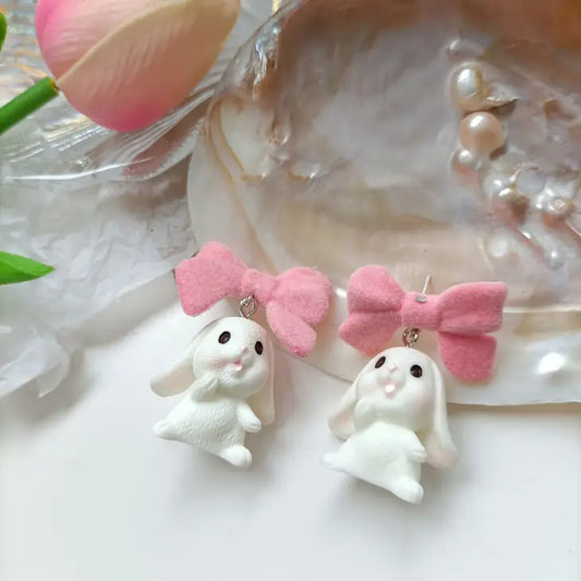 Easter Bunny Bow Pink Flocking Cute Sweet Earrings